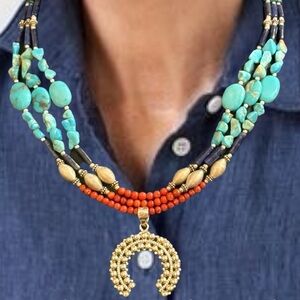 Vintage Navajo Style Turquoise Sterling Silver Squash Blossom Pendant Necklace